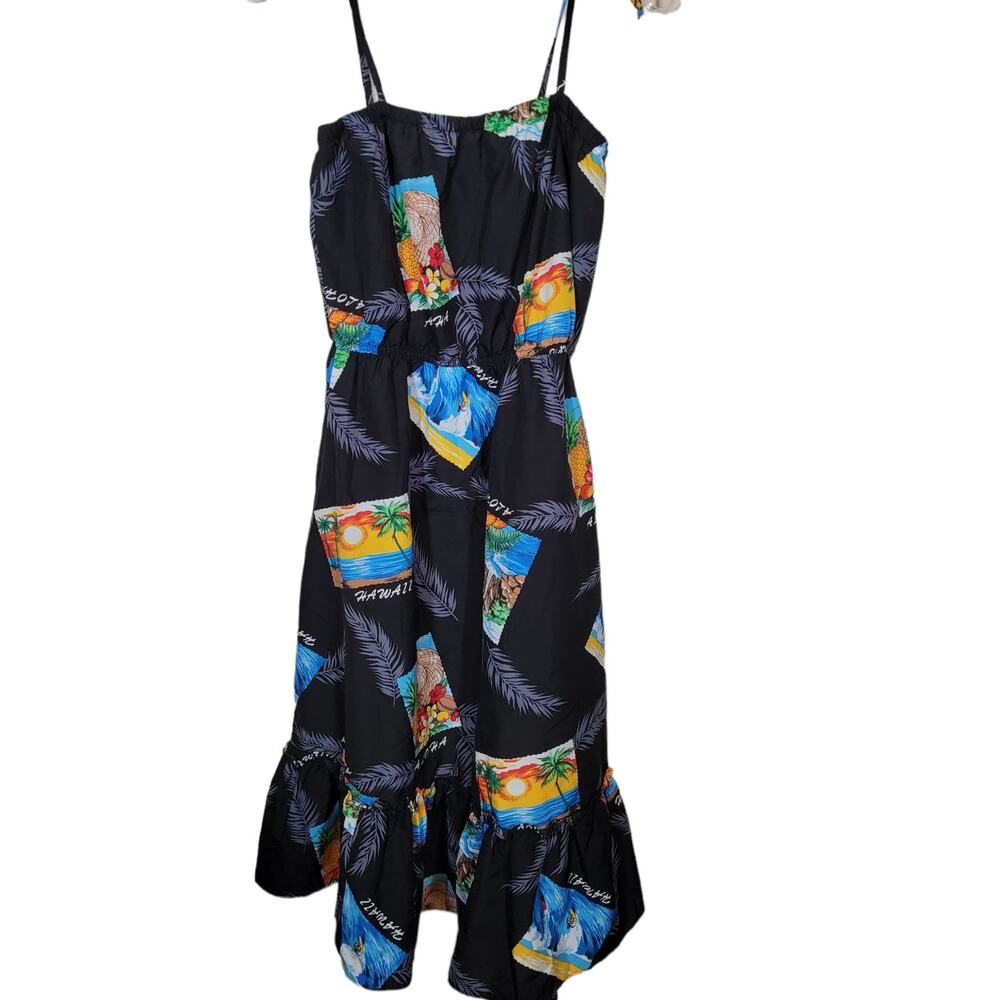 Hilo Hattie's Hawaiian Midi Flared Dress Sunset Adjustable Straps Black Large